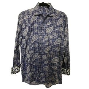 Bertigo Button Shirt Cotton Blue Purple Floral Paisley Flip Cuff Button Up Sz M